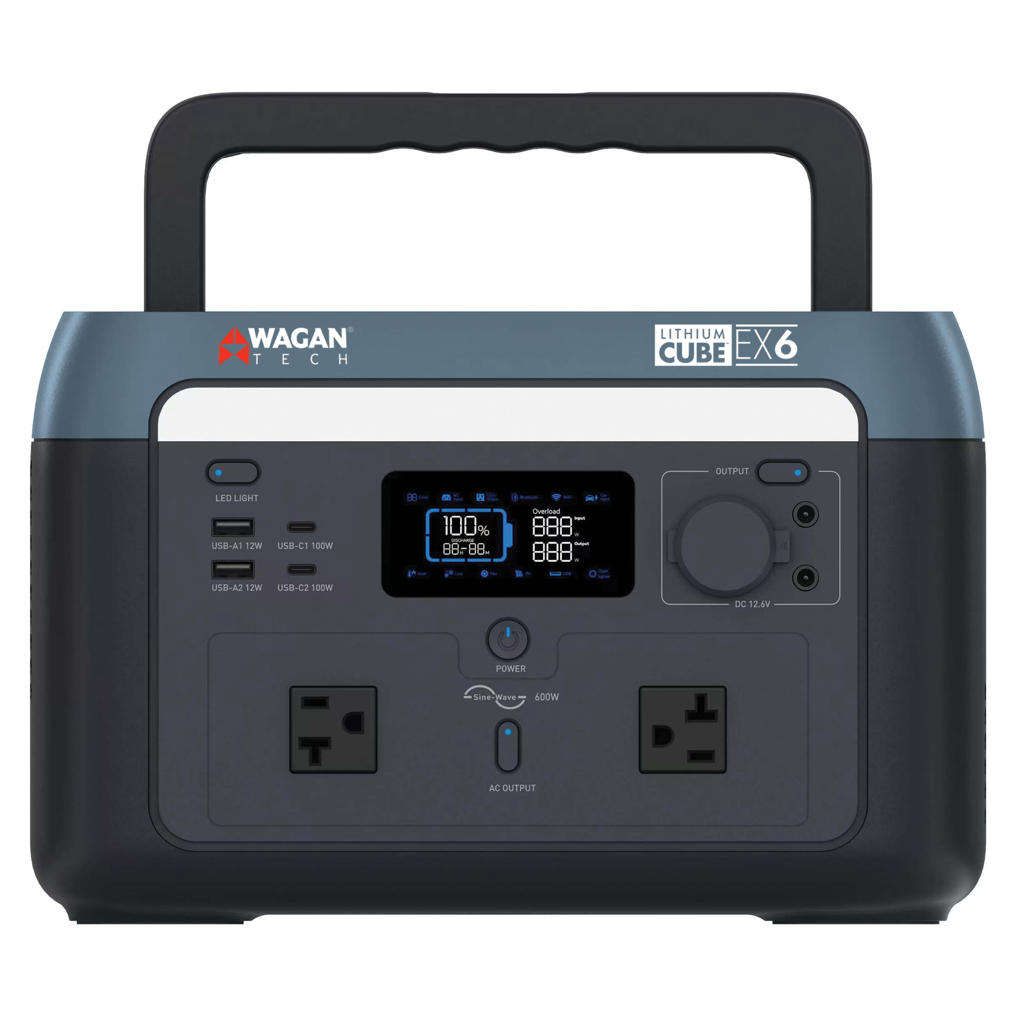 Wagan Tech Lithium Cube EX6 — 512Wh Portable Power Station, 600W Continuous Pure Sine Wave, 1000W Surge, LiFePOâ‚„ Battery, Model# EL8838